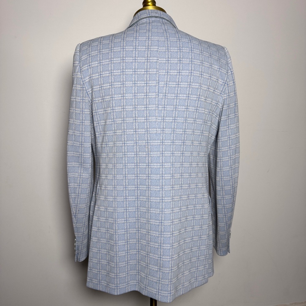 Van Cort Blazer Mens 44R Light Blue Plaid Vintage 70s Polyester Sport Coat - Picture 4 of 7